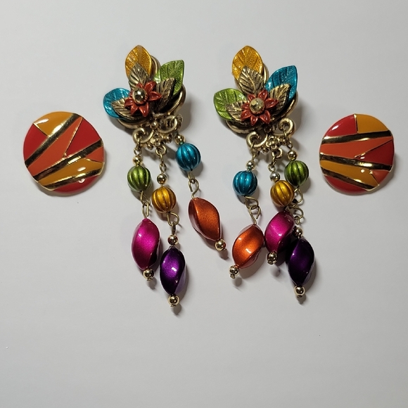Jewelry - Multicolor Floral Leaf Drop Earrings and Enamel Stud Set - Women Jewelry